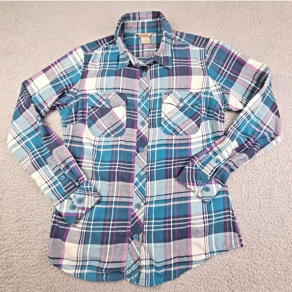 Duluth Trading Co Shirt‎ Womens Small Teal Plaid Flannel Long Sleeve Workwear